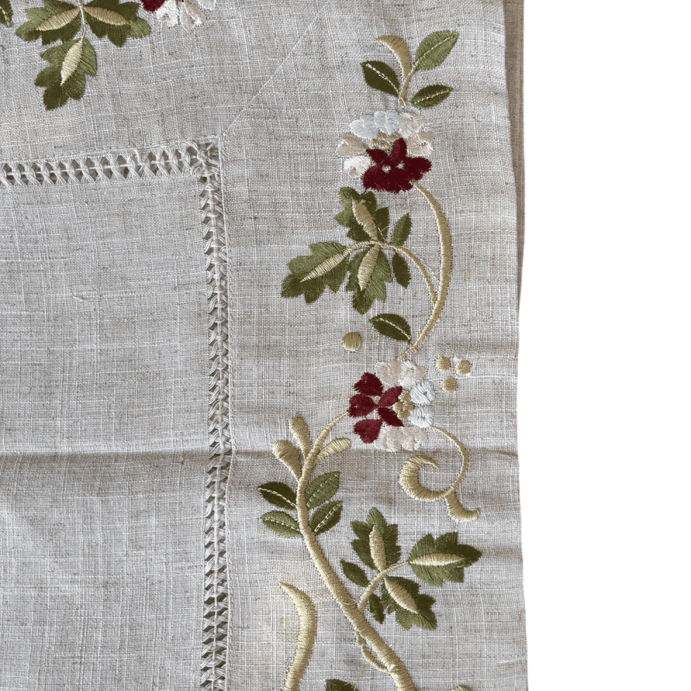 Carré de table - avec 4 serviettes assorties, couleur lin et broderie florale - 85x85cm