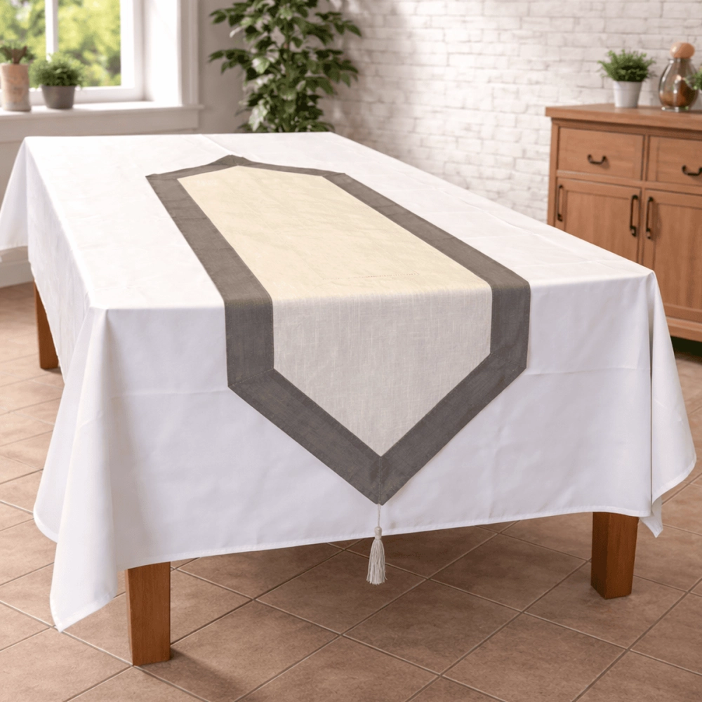 Chemin de table perle, couleur gris & blanc en coton & lin - 45x150 cm
