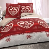 Housse de couette + taies Winter Rouge 240x280 cm - Parure de lit 100 % coton pour lit King size, inspiration chalets savoyards