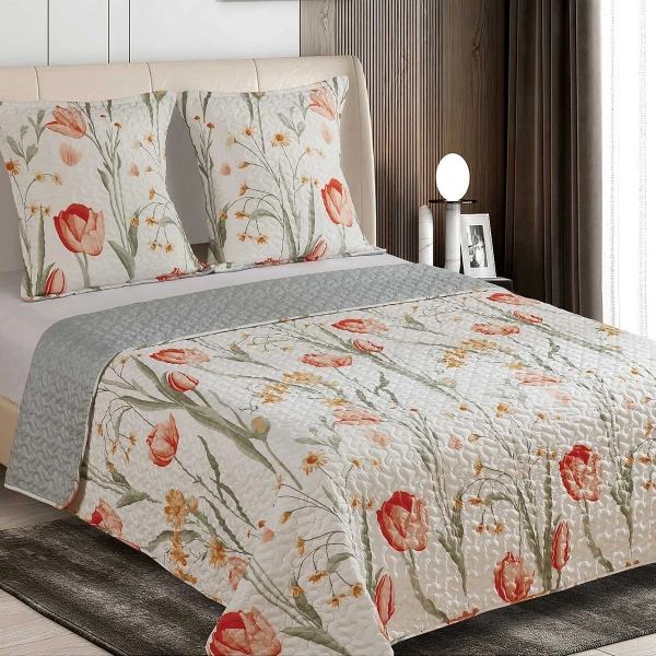 Couvre lit imprimé tulipes rouges 220x240 cm - Boutis printanier pour lit double + taies assorties