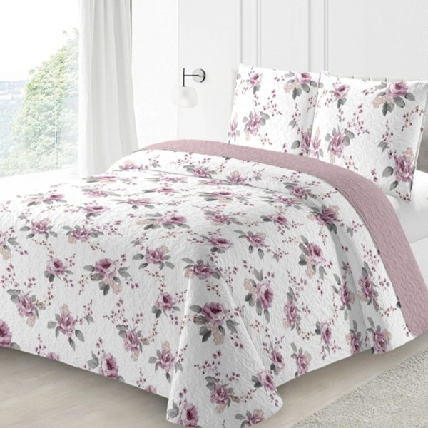 Boutis fond blanc avec motifs fleurs rose, 220x240cm pour lit double 140x190cm