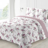 Boutis fond blanc avec motifs fleurs rose, 220x240cm pour lit double 140x190cm