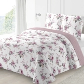 Couvre Lit Boutis Flora, printanier Rose et Blanc 220x240 cm + 2 Taies Assorties pour Lit Double 140x190 cm