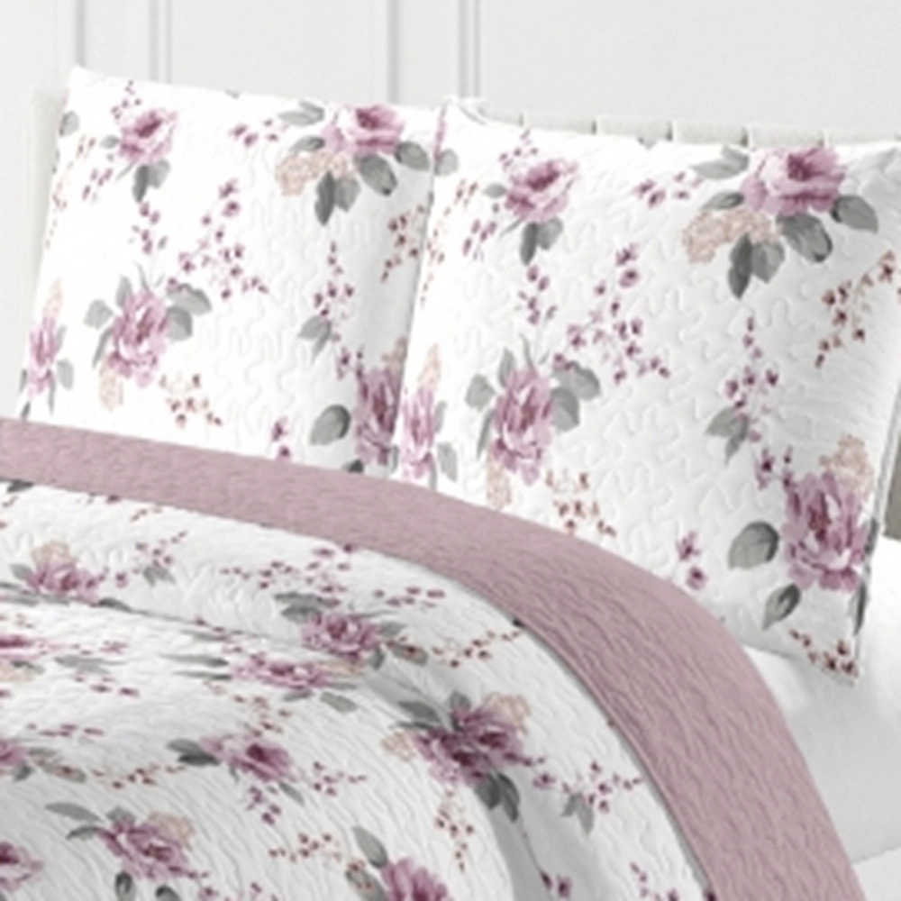 Couvre Lit Boutis Flora, printanier Rose et Blanc 220x240 cm + 2 Taies Assorties pour Lit Double 140x190 cm