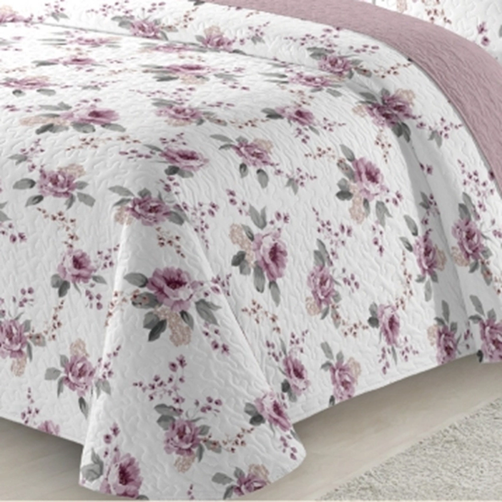 Couvre Lit Boutis Flora, printanier Rose et Blanc 220x240 cm + 2 Taies Assorties pour Lit Double 140x190 cm