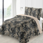 visuel couvre lit boutis motif ginko sur fond vert, motif clair. boutis pour lit double, visuel d'ambiance