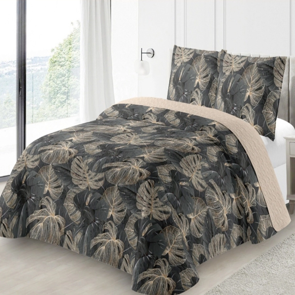 Couvre lit imprimé ginko vert 220x240 cm - Boutis floral conçu pour lit double + 2 taies