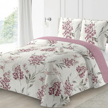 Couvre lit boutis Amaryllis 220x240 cm pour lit double motif fleurs roses fond blanc