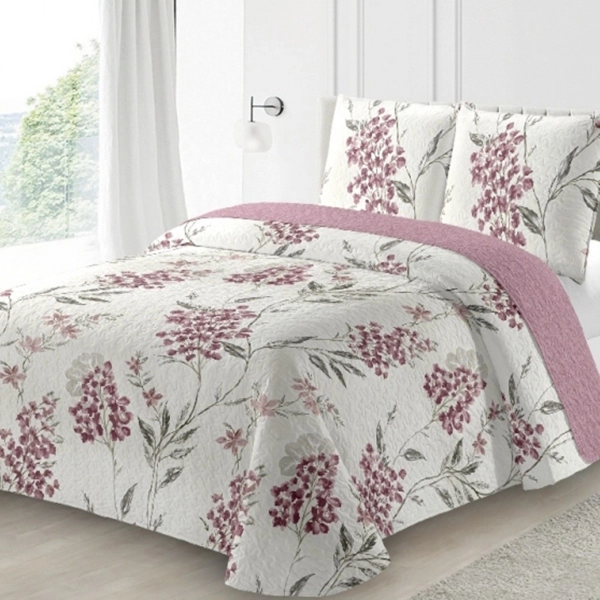 Couvre lit boutis Amaryllis 220x240 cm pour lit double motif fleurs roses fond blanc