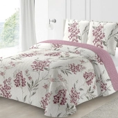 Couvre lit Amaryllis 220x240 cm + 2 taies 65x65 cm - Boutis léger imprimé fleurs rose foncé sur fond blanc