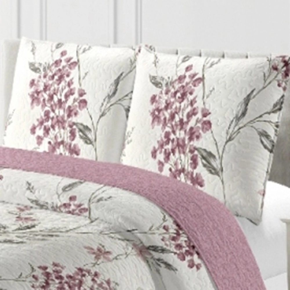 Couvre lit Amaryllis 220x240 cm + 2 taies 65x65 cm - Boutis léger imprimé fleurs rose foncé sur fond blanc