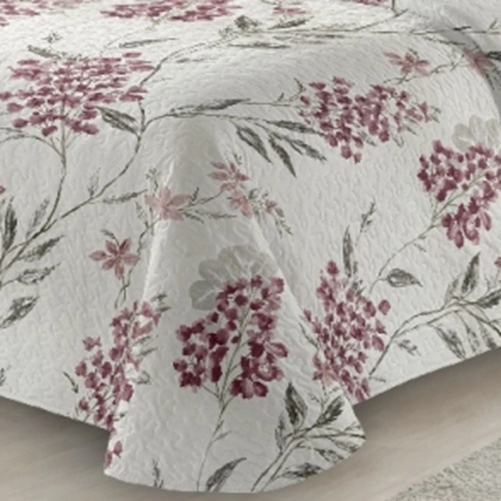 Couvre lit Amaryllis 220x240 cm + 2 taies 65x65 cm - Boutis léger imprimé fleurs rose foncé sur fond blanc