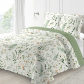 Boutis fleuri printanier, motifs fleurs vert beige, rose sur fond blanc - 220x240 cm