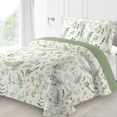 Couvre Lit Boutis Fleuri Printanier Vert et Blanc 220x240 cm + 2 Taies Assorties pour Lit Double 140x190 cm