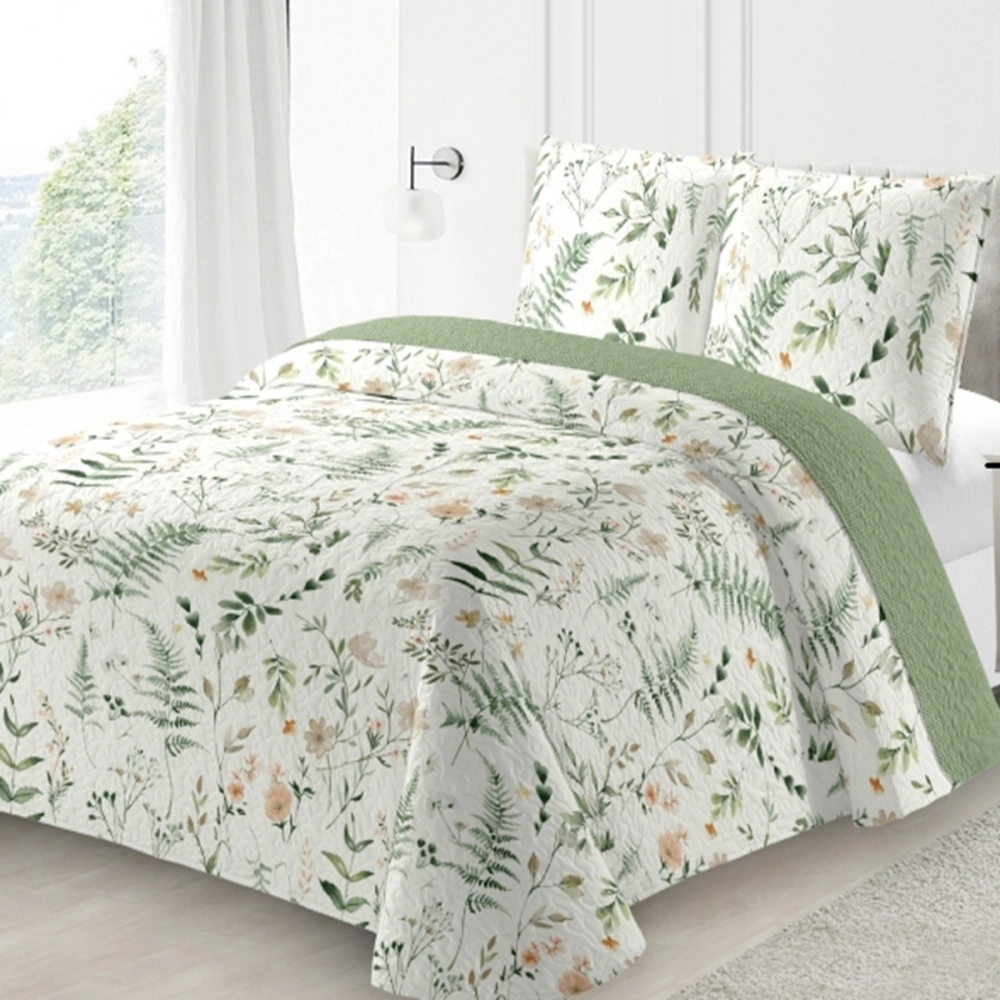 Couvre Lit Boutis Fleuri Printanier Vert et Blanc 220x240 cm + 2 Taies Assorties pour Lit Double 140x190 cm