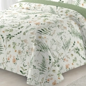 Couvre Lit Boutis Fleuri Printanier Vert et Blanc 220x240 cm + 2 Taies Assorties pour Lit Double 140x190 cm