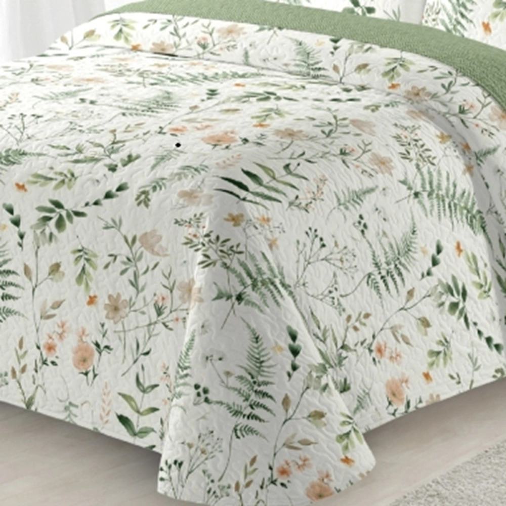Couvre Lit Boutis Fleuri Printanier Vert et Blanc 220x240 cm + 2 Taies Assorties pour Lit Double 140x190 cm