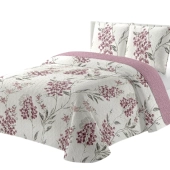 Couvre lit Amaryllis 220x240 cm + 2 taies 65x65 cm - Boutis léger imprimé fleurs rose foncé sur fond blanc