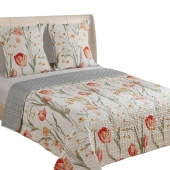 Couvre lit imprimé tulipes rouges 220x240 cm - Boutis printanier pour lit double + taies assorties