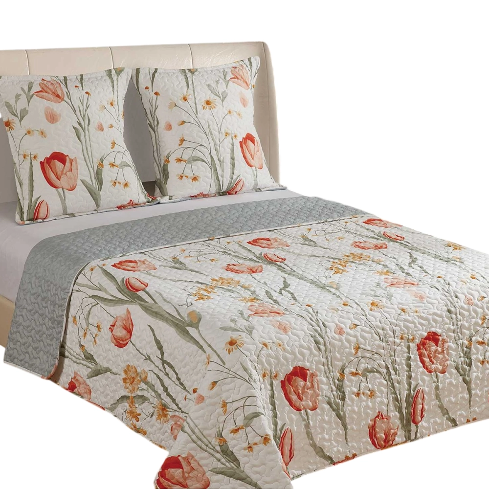 Couvre lit imprimé tulipes rouges 220x240 cm - Boutis printanier pour lit double + taies assorties