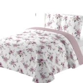 Couvre Lit Boutis Flora, printanier Rose et Blanc 220x240 cm + 2 Taies Assorties pour Lit Double 140x190 cm