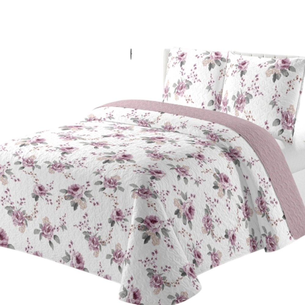 Couvre Lit Boutis Flora, printanier Rose et Blanc 220x240 cm + 2 Taies Assorties pour Lit Double 140x190 cm