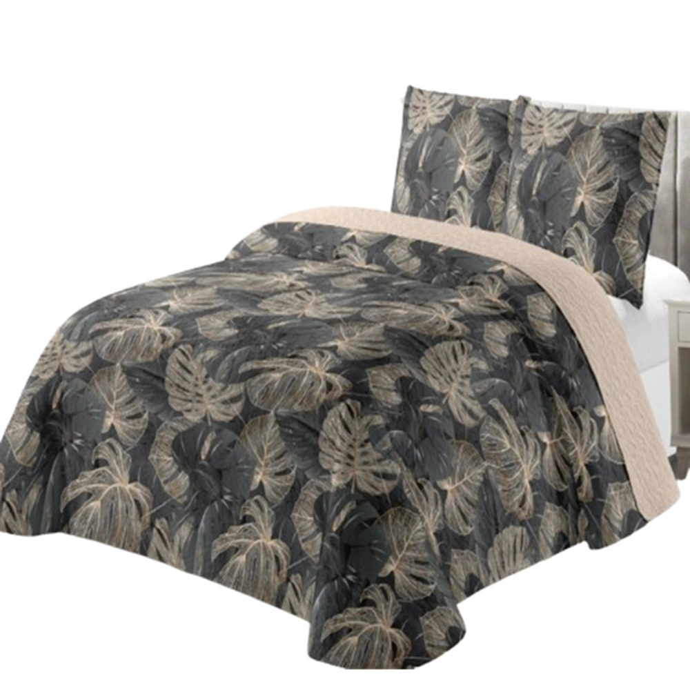 Couvre lit imprimé ginko vert 220x240 cm - Boutis floral conçu pour lit double + 2 taies