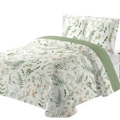 Couvre Lit Boutis Fleuri Printanier Vert et Blanc 220x240 cm + 2 Taies Assorties pour Lit Double 140x190 cm