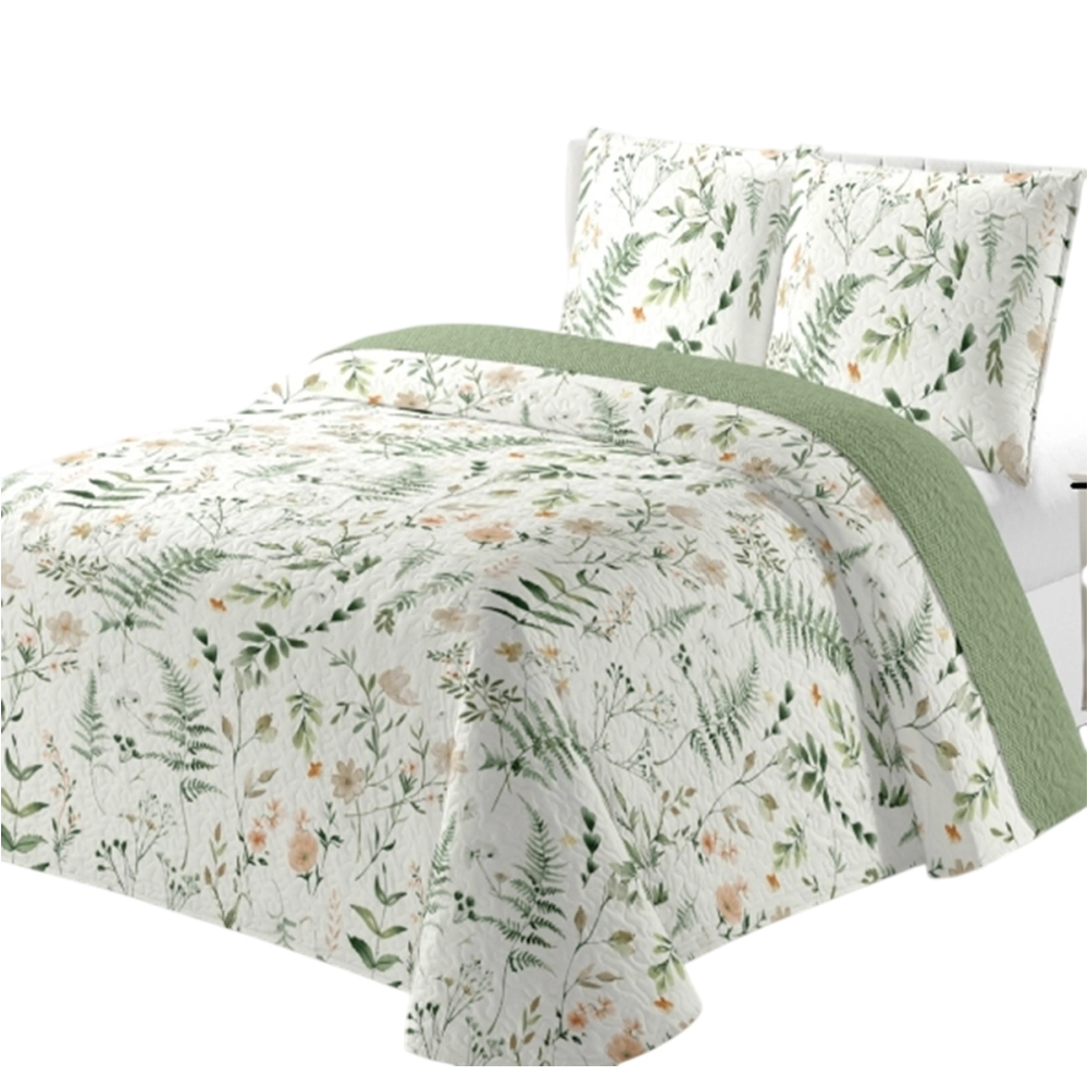 Couvre Lit Boutis Fleuri Printanier Vert et Blanc 220x240 cm + 2 Taies Assorties pour Lit Double 140x190 cm