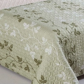 Couvre lit Champêtre vert 220x240 - Boutis microfibre vert sauge imprimé feuilles grimpantes + 2 taies 65x65cm