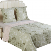 Couvre lit Champêtre vert 220x240 - Boutis microfibre vert sauge imprimé feuilles grimpantes + 2 taies 65x65cm sur fond blanc