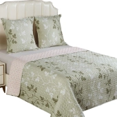 Couvre lit Champêtre vert 220x240 - Boutis microfibre vert sauge imprimé feuilles grimpantes + 2 taies 65x65cm