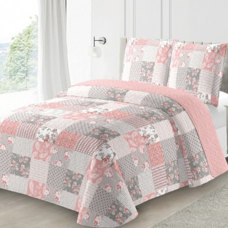 Couvre lit Romance 220x240 cm - Boutis patchwork rose et gris + 2 taies 65x65cm, style Cottage Shabby Chic