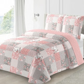 Couvre lit Romance 220x240 cm - Boutis patchwork rose et gris + 2 taies 65x65cm, style Cottage Shabby Chic