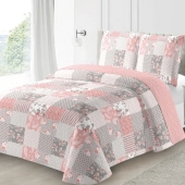 Couvre lit Romance 220x240 cm - Boutis patchwork rose et gris + 2 taies 65x65cm, style Shabby Chic