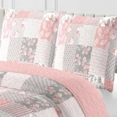 Couvre lit Romance 220x240 cm - Boutis patchwork rose et gris + 2 taies 65x65cm, style Shabby Chic