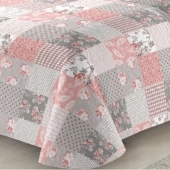 Couvre lit Romance 220x240 cm - Boutis patchwork rose et gris + 2 taies 65x65cm, style Shabby Chic