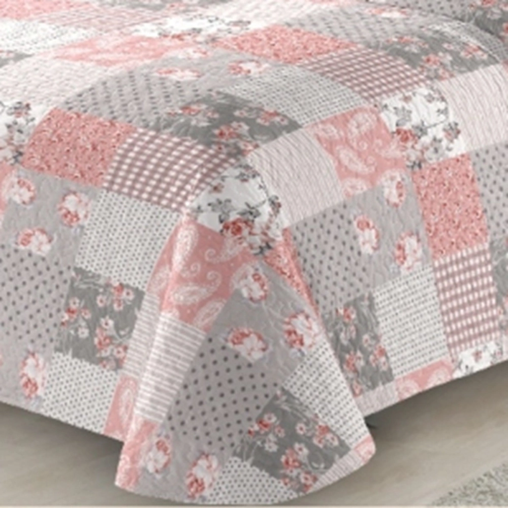 Couvre lit Romance 220x240 cm - Boutis patchwork rose et gris + 2 taies 65x65cm, style Shabby Chic