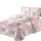Couvre lit Romance 220x240 cm - Boutis patchwork rose et gris + 2 taies 65x65cm, style Cottage Shabby Chic sur fond blanc
