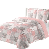 Couvre lit Romance 220x240 cm - Boutis patchwork rose et gris + 2 taies 65x65cm, style Shabby Chic