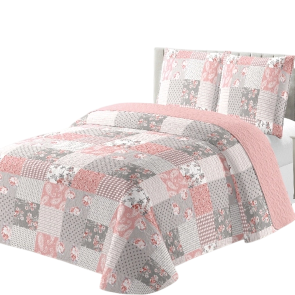Couvre lit Romance 220x240 cm - Boutis patchwork rose et gris + 2 taies 65x65cm, style Shabby Chic