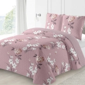 Couvre lit Bouquet floral 220x240 cm + taies 65x65 cm - Boutis fleuri sur fond vieux rose, ambiance romantique chic