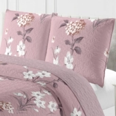 Couvre lit Bouquet floral 220x240 cm + taies 65x65 cm - Boutis fleuri sur fond vieux rose, ambiance romantique chic