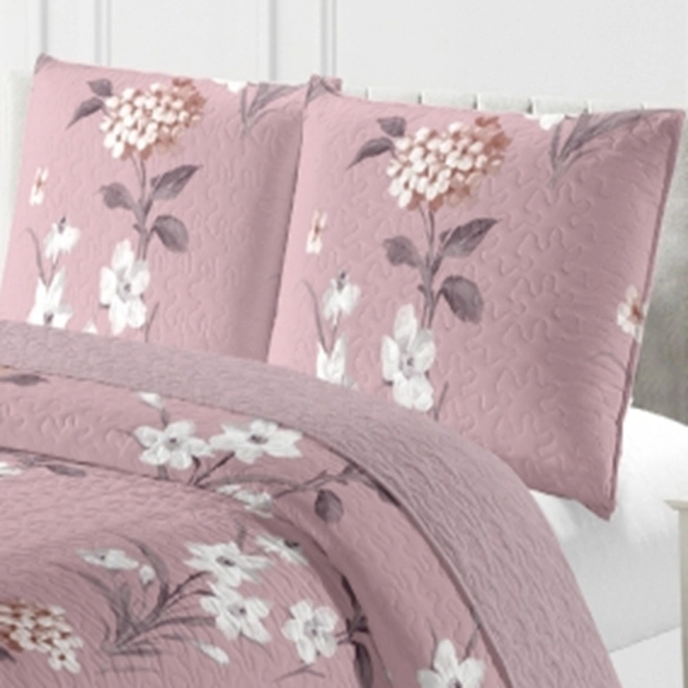 Couvre lit Bouquet floral 220x240 cm + taies 65x65 cm - Boutis fleuri sur fond vieux rose, ambiance romantique chic