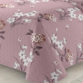 Couvre lit Bouquet floral 220x240 cm + taies 65x65 cm - Boutis fleuri sur fond vieux rose, ambiance romantique chic