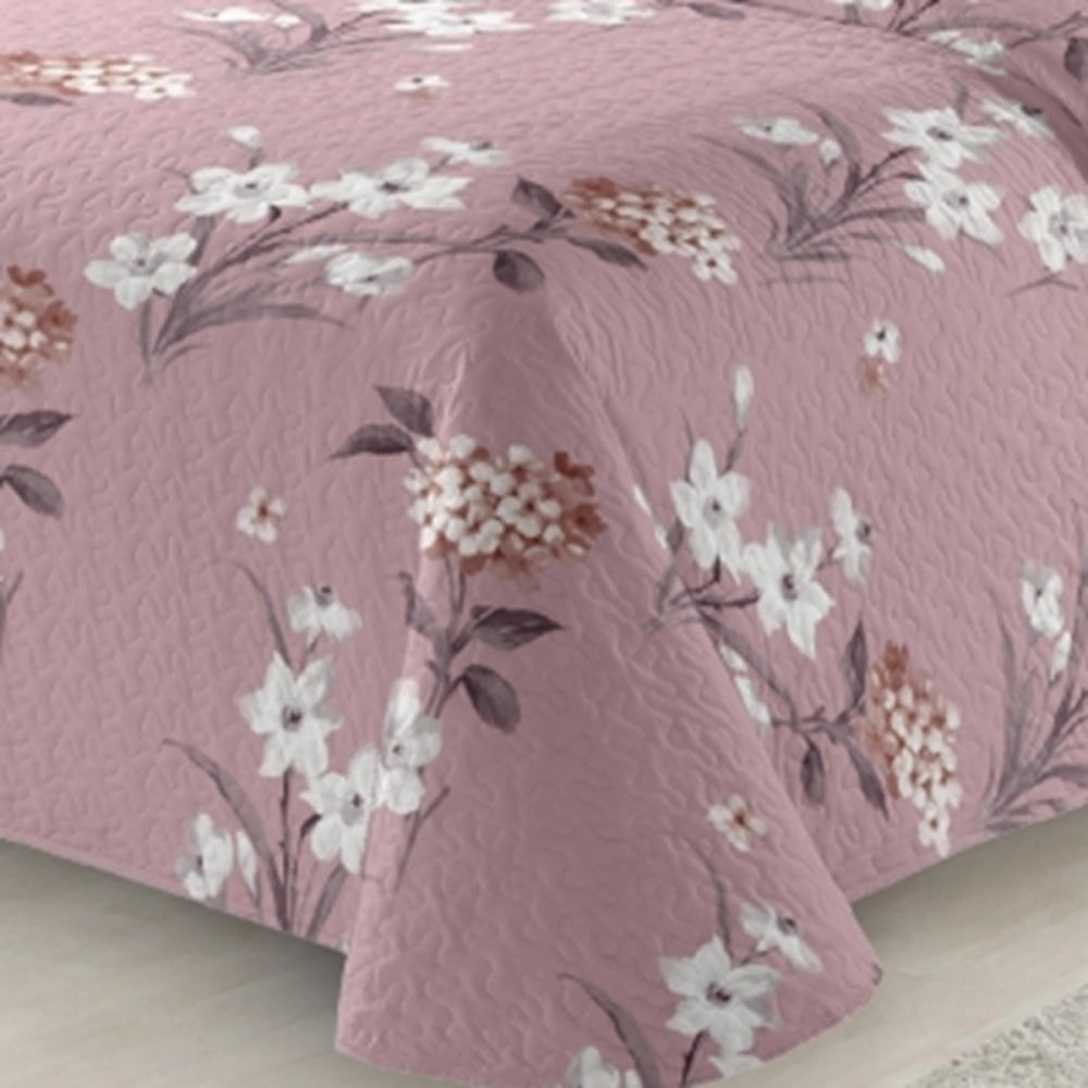 Couvre lit Bouquet floral 220x240 cm + taies 65x65 cm - Boutis fleuri sur fond vieux rose, ambiance romantique chic