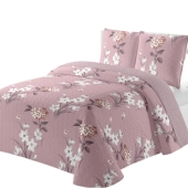 Couvre lit Bouquet floral 220x240 cm + taies 65x65 cm - Boutis fleuri sur fond vieux rose, ambiance romantique chic