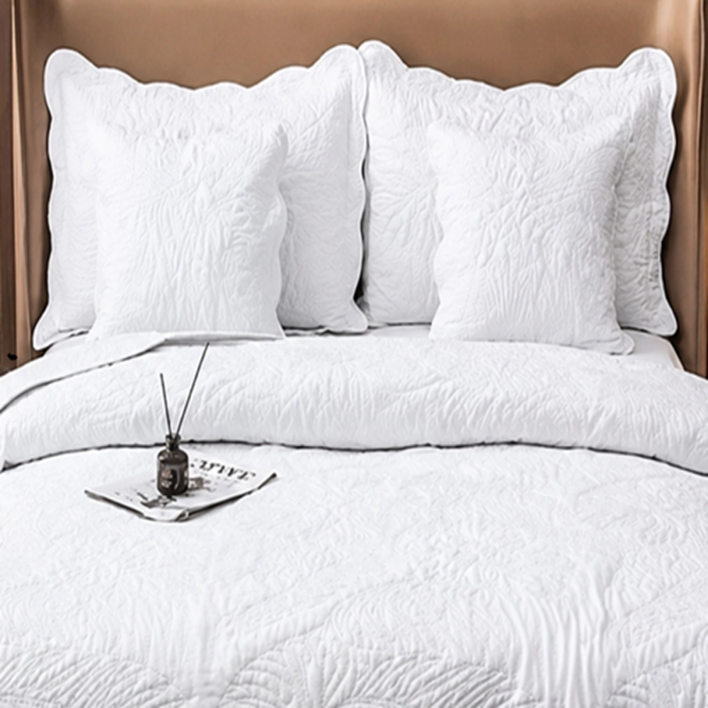 Couvre Lit Boutis Blanc Eden Matelassé - Motif Feuille Tropicale 230x250cm  Jeté de Lit matelassé + 2 taies d'oreillers 65x65