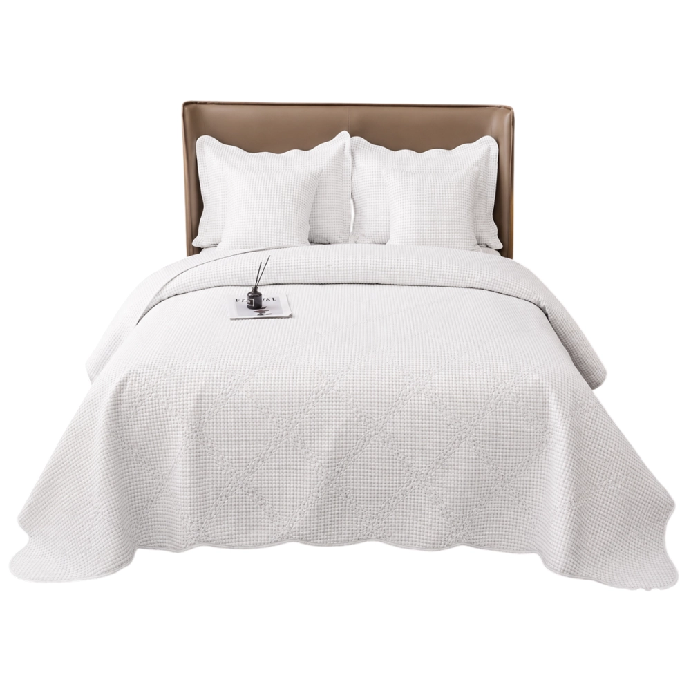 Couvre-Lit Blanc Boutis 230x250 cm - Matelassé Motif Losange Géométrique -  Gaufrée Élégant avec Taies d'Oreillers