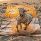 Serviette de plage Cheval blanc au galop coucher de soleil 100x180 cm - Drap de plage 100% coton, léger et absorbant